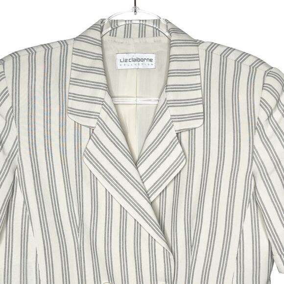 LIZ CLAIBORNE Striped Short Sleeve Blazer Double Breasted Beige Black Size 8 - Picture 2 of 9